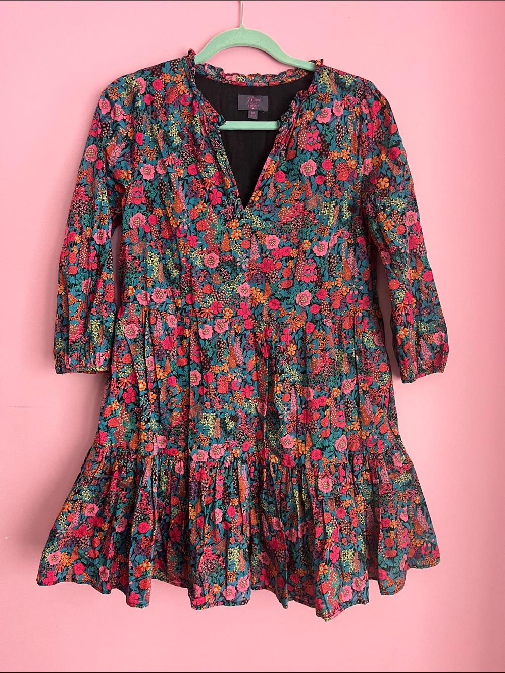 J. Crew Floral Tiered Long Sleeve Dress in Teal, Pink and Coral